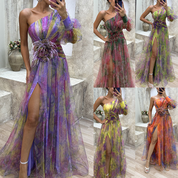 Women's New Party Mesh Oblique Shoulder Dress Ins Casual Fashion Dress For Women(Flowers Are Movable)-image
