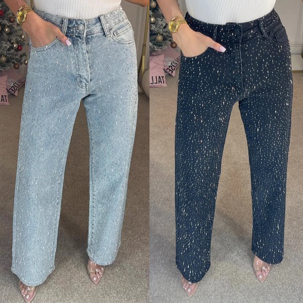 Women's Hot Selling INS Influencer Diamond Star High-Waisted Washed Jeans - Versatile Straight Leg Pants-image