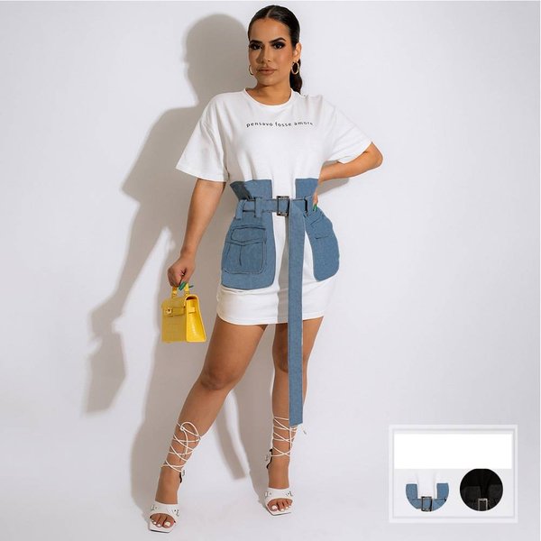 Women's Fitted Waist Round Neck Color-Blocked Denim T-Shirt, Fashionable And Casual Mid-Length Dress-image