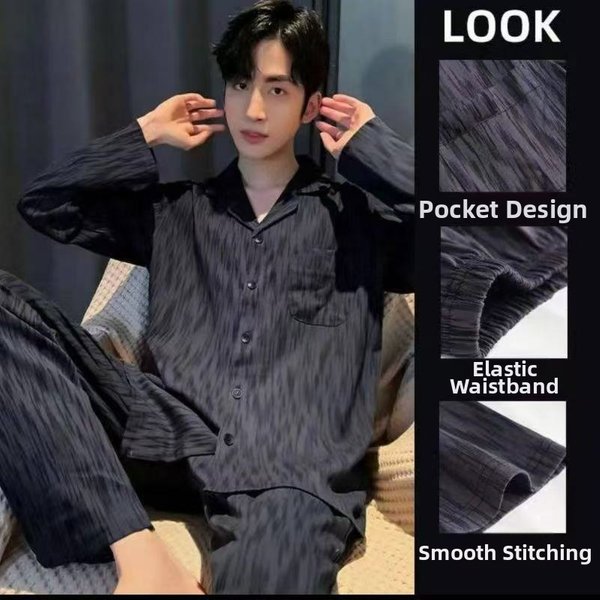 Men's Plus Size Summer Casual Cardigan Pajamas Set High Quality Ice Silk Home Wear Style Can Be Worn As Outerwear Spring Autumn