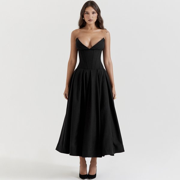 Women's Clothing New Sexy Tube Top Fashion Sharp Angle Fishbone Waist A Line Dress
