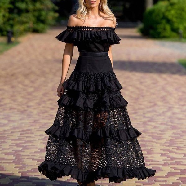 Women'sone-Shoulder Ruffled Hollow Large Swing Lace Dress Long Skirt-image