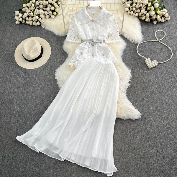 Women's Fashion Single Breasted Lace Shirt Two-Piece Set High Waist A Line Pleated Skirt-image
