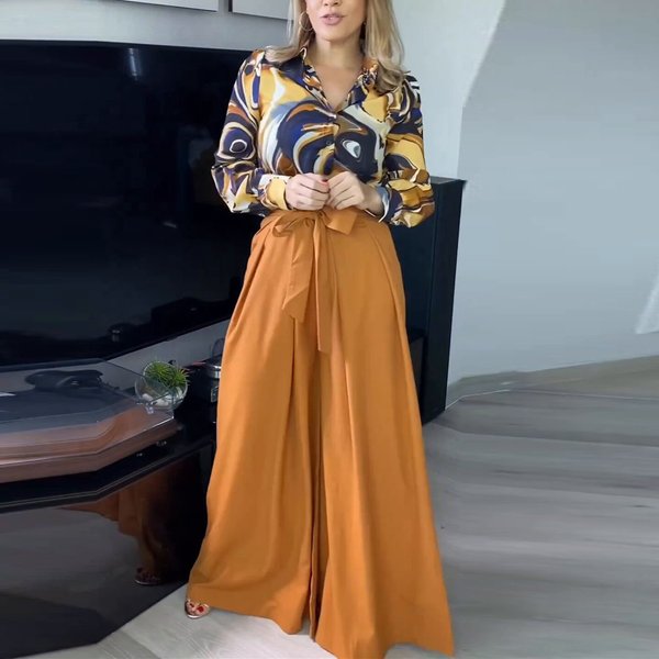 Women's Clothing Spring New Women's Commuter Long Sleeved Shirt High Waisted Wide Leg Pants Suit-image