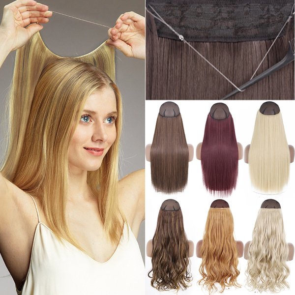 Merisihair Synthetic No Clip Invisible Wire Hair Extensions Straight Black Blonde One Piece False Hairpiece Hair Extension-image