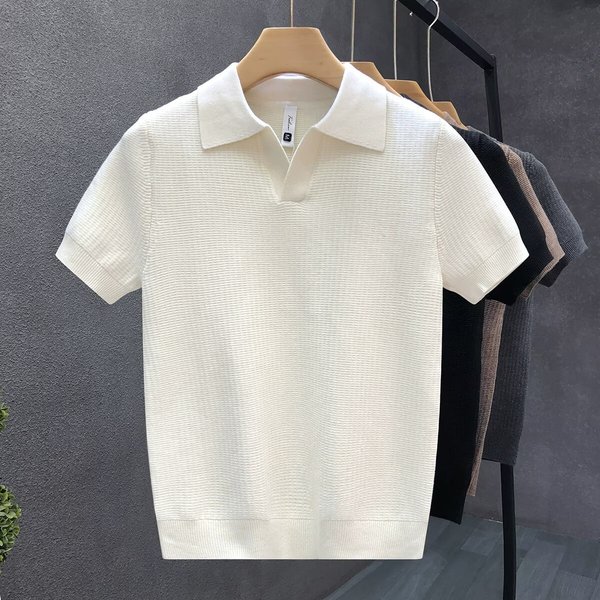 Men's Summer Knitted Lyocell Scissor Collar Short Sleeve Sweater Breathable Anti-Wrinkle Polo T-Shirt Machine Washable