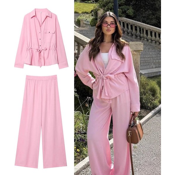 Women's Clothing Waist Slim V Neck Chiffon Long Sleeved Top Simple Wide Leg Casual Trousers Suit-image