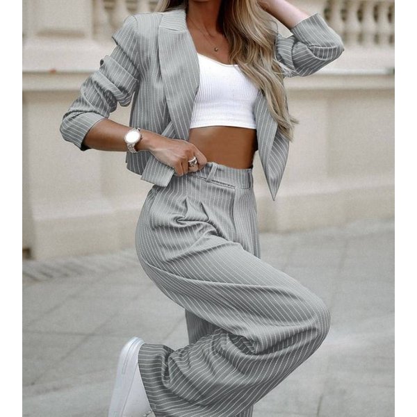 Women's Striped Short Lapel Suit Straight Pants Suit (2 Pieces)-image