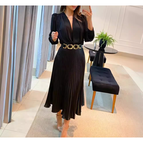 Women's Clothing Series Temperament Women's Black Satin Long Sleeve Deep V Waist Pleated Dress No Belt