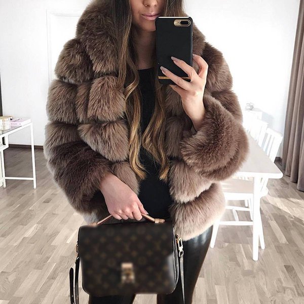 Women's Imitation Rabbit Fur Coat - Thick Warm Winter Coat With Hat & Long Sleeves