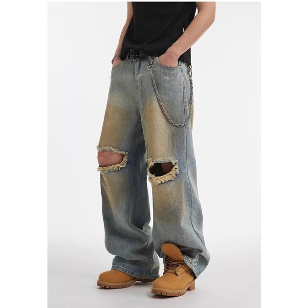 Men's Clothing Retro Distressed Ripped Denim Shorts Summer Gradient Loose Pants-image