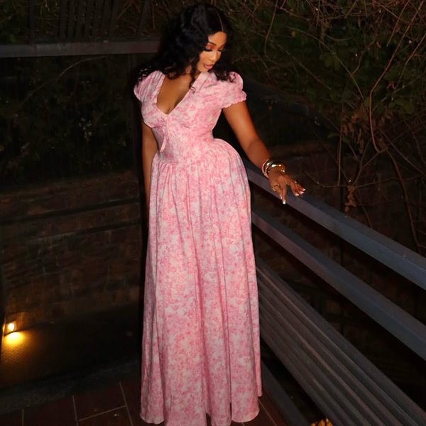 Women's Elegant Long Dress European American Style Sweet Fresh Printed A-Line Skirt V Neck Bubble Sleeve Pleated Temperament