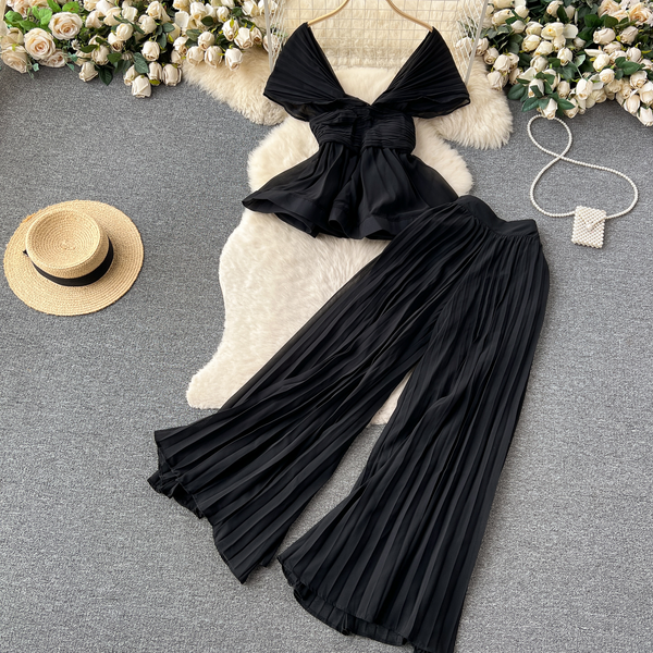 Women's Clothing High End Elegant Fashion Suit For Women Summer Pleated Sleeveless Chiffon Top High Waisted Wide Leg Trousers Two Piece Trendy Set-image