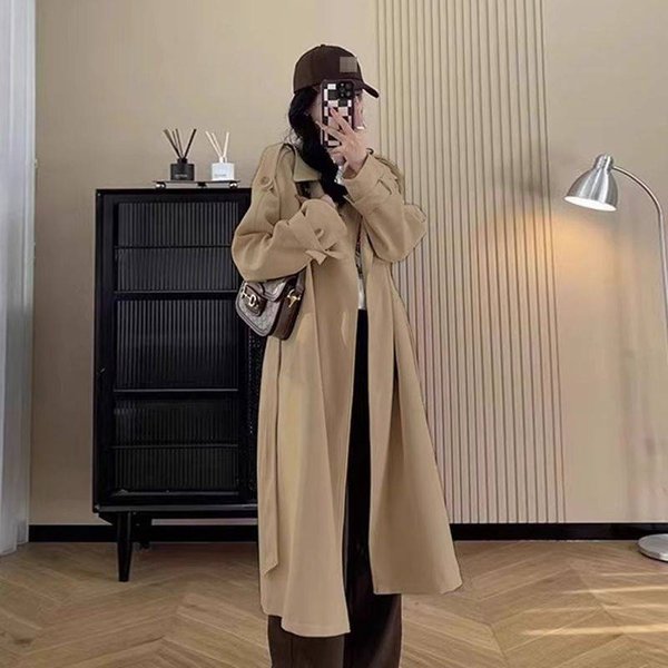 Women's Trench Coat Spring Autumn Petite Long Coat Fashionable Overcoat In Beige, Khaki, Black Fashion Trends-image