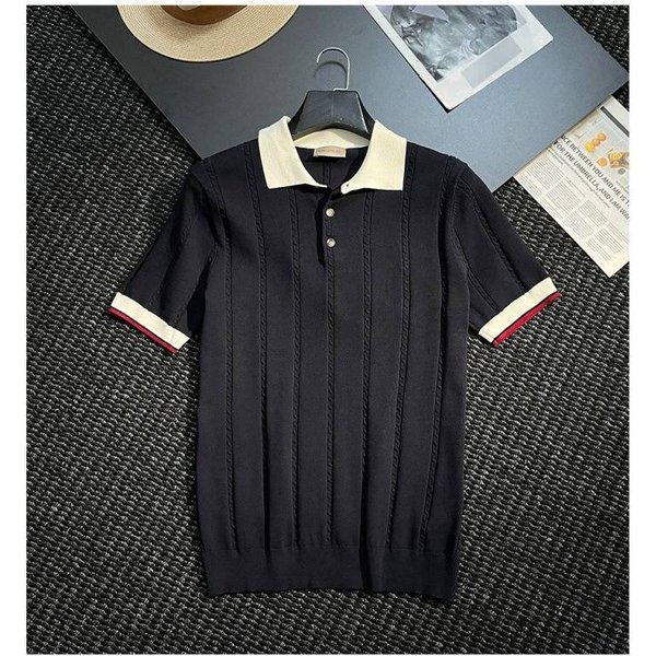Men's Contrast Color Collar Polo Shirt Fashion Casual Striped Knit Top Breathable Summer Wear Versatile Striped Texture