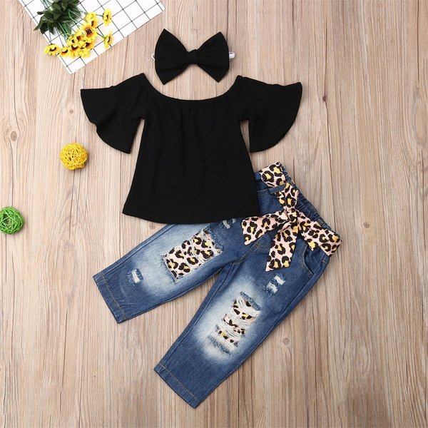 Baby Girls' Leopard Print Denim 3-Piece Set – Cotton Trendy Outfit (A-Class Certified)