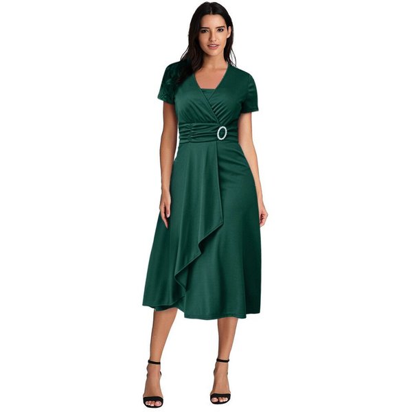 Women's Summer Sexy Asymmetrical Swing V-neck Women's High Waist Midi Dress Solid Color Evening Dress