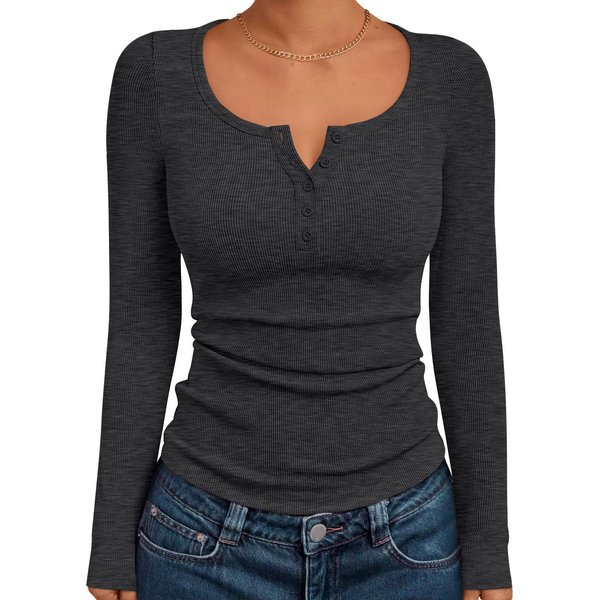 Women's Clothing V-Neck Button-Detail Ribbed Knit Tee – Slim Fit Long Sleeve Top For Women