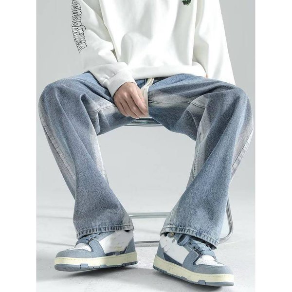 Men's Clothing Light Colored High Street Jeans Brand Loose Straight Large Size Summer Thin Trousers Trendy Mopping Pants