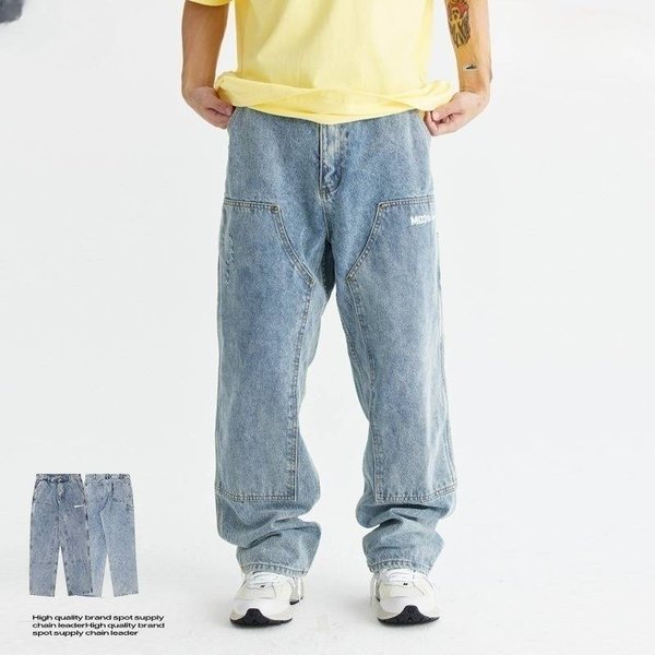 Men's Clothing Heavy Washed Worn Old Workwear Logging Pants American Street Pure Cotton Straight Jeans For Men And Women-image