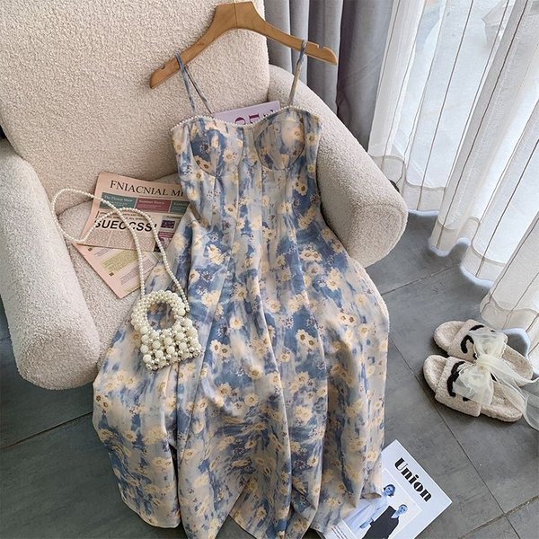 Women’S Clothing French Oil Painting Floral Dress Female Temperament Design Waist Romantic Seaside Holiday Suspender Long Dress-image