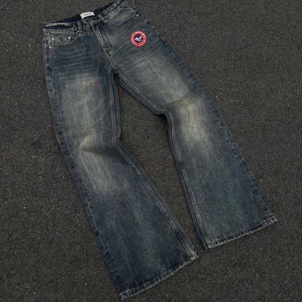 Men's Clothing American Street Style Heavyweight Blue Denim Vintage Washed Distressed Slightly Flared Loose Straight Leg Jeans-image