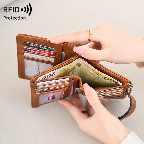 Women's Rfid Blocking Wallet - Large Capacity Tri-Fold Design, Slim & Portable, Simple Solid Color-image