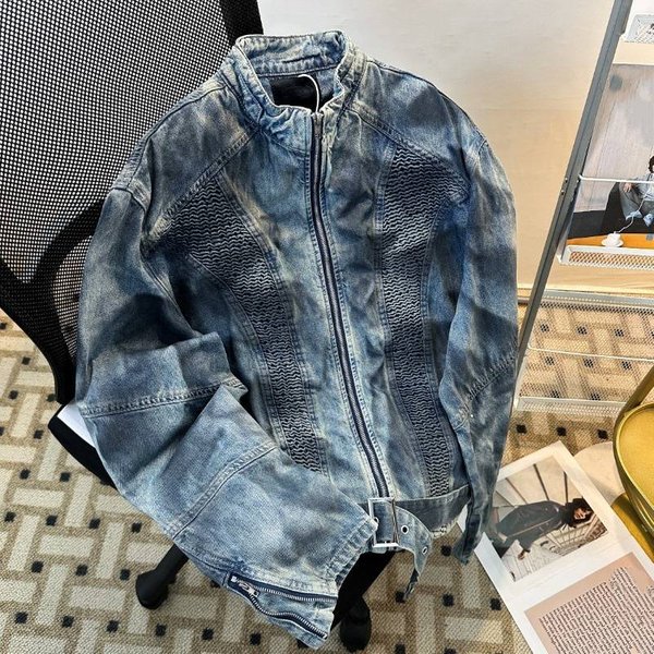 Distressed Denim Jacket Men's Vintage Washed Coat - Oversized Streetwear With Shoulder Pads & Belt - Grunge Aesthetic For Casual Outfits (Blue)-image