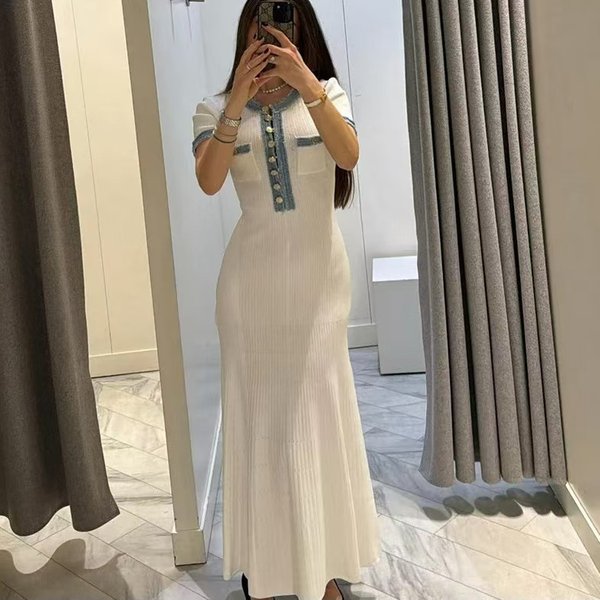 Bohemian Denim Patchwork French Maxi Dress With Knit Bodice – Flattering A-Line Fit, Long Sleeve, High Waist, Elegant Wrap Design For Women-image
