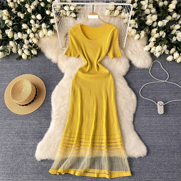 Women's Clothing light luxury high end knitted dress for women in summer mesh splicing design niche celebrity temperament long dress
