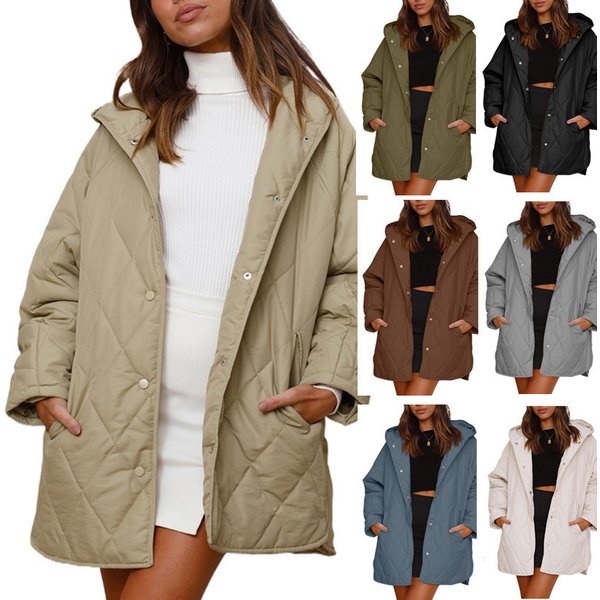 Quilted Hooded Jacket For Women - Lightweight Winter Coat With Diamond Stitching, Loose Fit & Multiple Colors-image