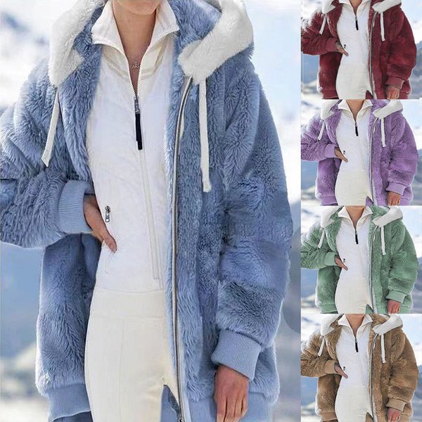 Women's Clothing Loose Plush Zip-Up Hooded Coat
