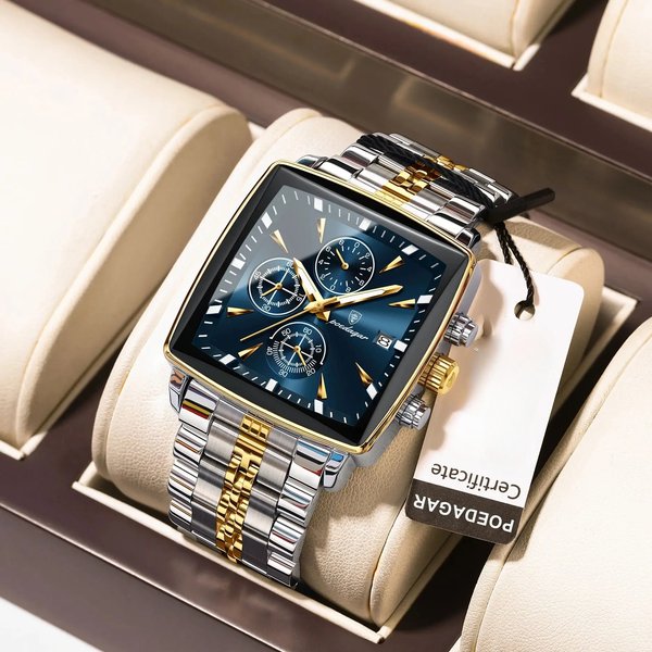Fashion Men Watch Luminous Waterproof Chronograph Date Man Wristwatch Square Stainless Steel Quartz Men's Watches Reloj