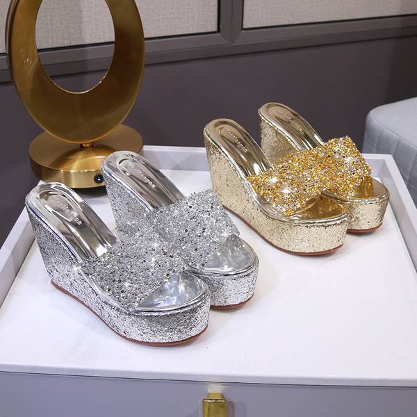 Women's Platform Slide Sandals - Glitter Platform Peep-Toe Sandals - High Wedge Summer Fashion Shoes For Casual & Dressy Occasions-image