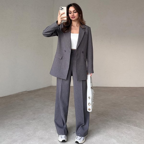 Women's Clothing Long Sleeved Button Top Classic Solid Color Long Sleeve Button-Up Shirt & Straight Pants Suit Set For Women - Office & Casual Wear
