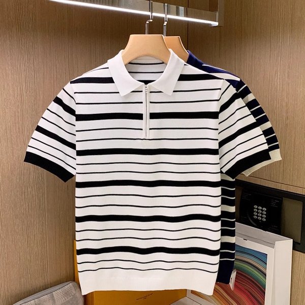 Men's Clothing Elegant Youth Slim Fit Half Zip Collar T Shirt Men Simple Color Matching Striped Polo Shirt Men Summer Short Sleeve-image