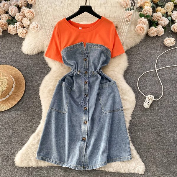 Women's Clothing Temperament Age Reducing Two Piece Dress For Women Round Neck Short Sleeves Patchwork Waist Denim Long Skirt