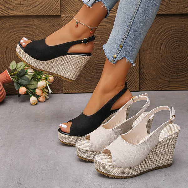 Women's European American Style Peep Toe Wedge Sandals Suede Thick Sole Plus Size Roman Summer-image