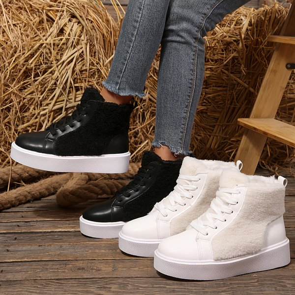 winter Women Shoes, High Top Sneakers, Fleece Lined Boots, Platform Ankle Shoes, Lace Up Casual Footwear, Warm Fluffy Ladies Trainers