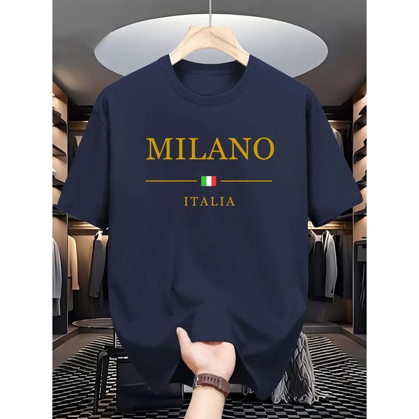 100% Pure Cotton Men's Summer Fashion Short Sleeved MILANO Pattern Printed Casual Slim Fit Versatile T-shirt Top