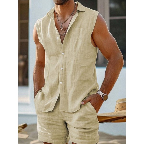 Men's Clothing Casual Stand Up Collar Cardigan Vest Cotton And Linen Style Suit-image