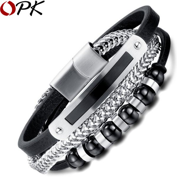 European and American Handmade Trendy Men's Black Asymmetrical Magnetic Buckle Leather Bracelet with Multi-layer Men's Woven Leather Bracelet