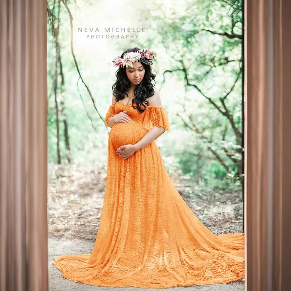 Lace Maternity Tail Short-Sleeved Dress Photography Flying Sleeve Dress 8919 (Special Offer)-image