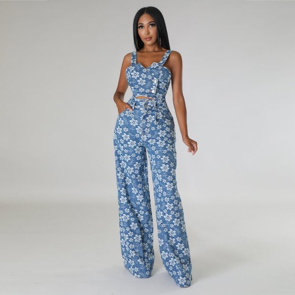 Women's Clothing Autumn And Winter Denim Jacquard Suit Nightclub Wrap Top Wide Leg Pants Suit-image
