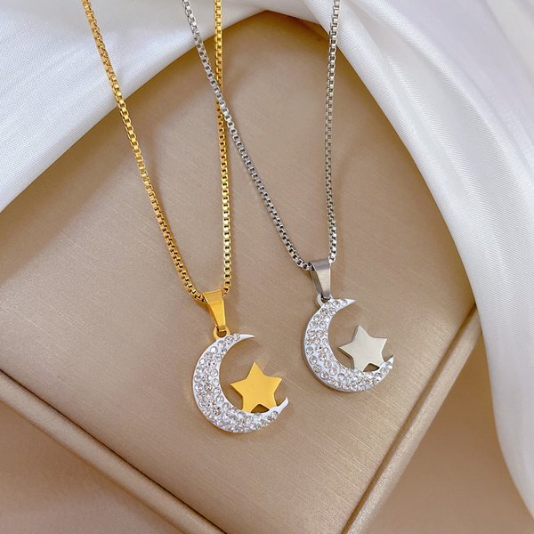 Stainless Steel Necklace Golden Moon Star Zircon Pendant Charm Clavicle Accessories For Women Gifts Jewelry-image