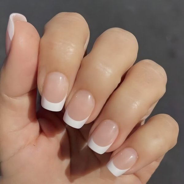 Short Square French Press-On Nails - Natural Nude & Classic White Tips - Reusable Fake Nails With Glue & Sticker Kits-image