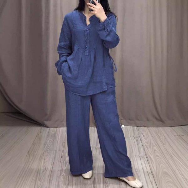 Women's Linen Casual Set - Long Sleeve Half-Button Top & Wide Leg Pants With Pleats-image