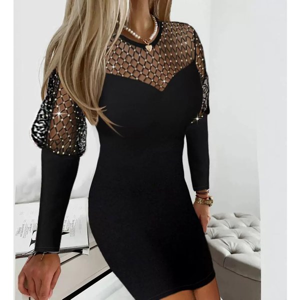 Women's Clothing mesh hot diamond splicing lantern sleeve tight skirt