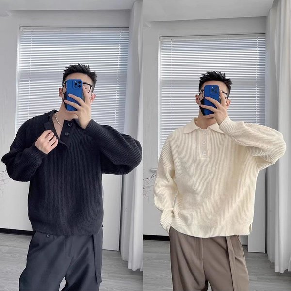 Men's Clothing Lazy Style Polo Collar Sweater Men's Loose Oversize Solid Color Lapel Bottoming Shirt Men's Jacket Trend-image