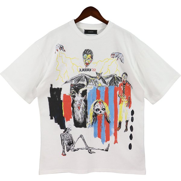 Man's clothing AMIRI Vampire Skull Lightning graffiti splash ink color short sleeve T-shirt loose casual chic